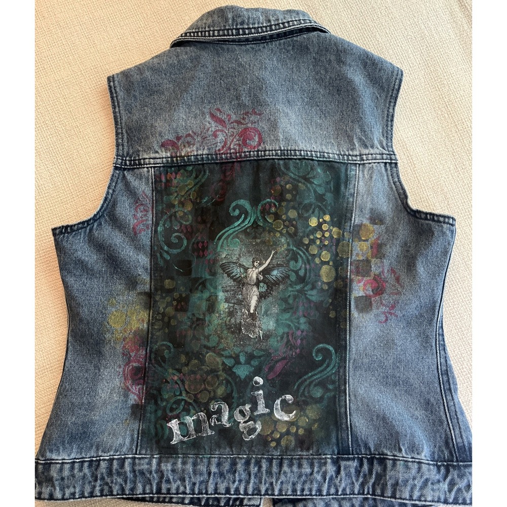 CUSTOM Allegra K Button Front Collared Whimsical Y2K Denim Jean Vest Size S